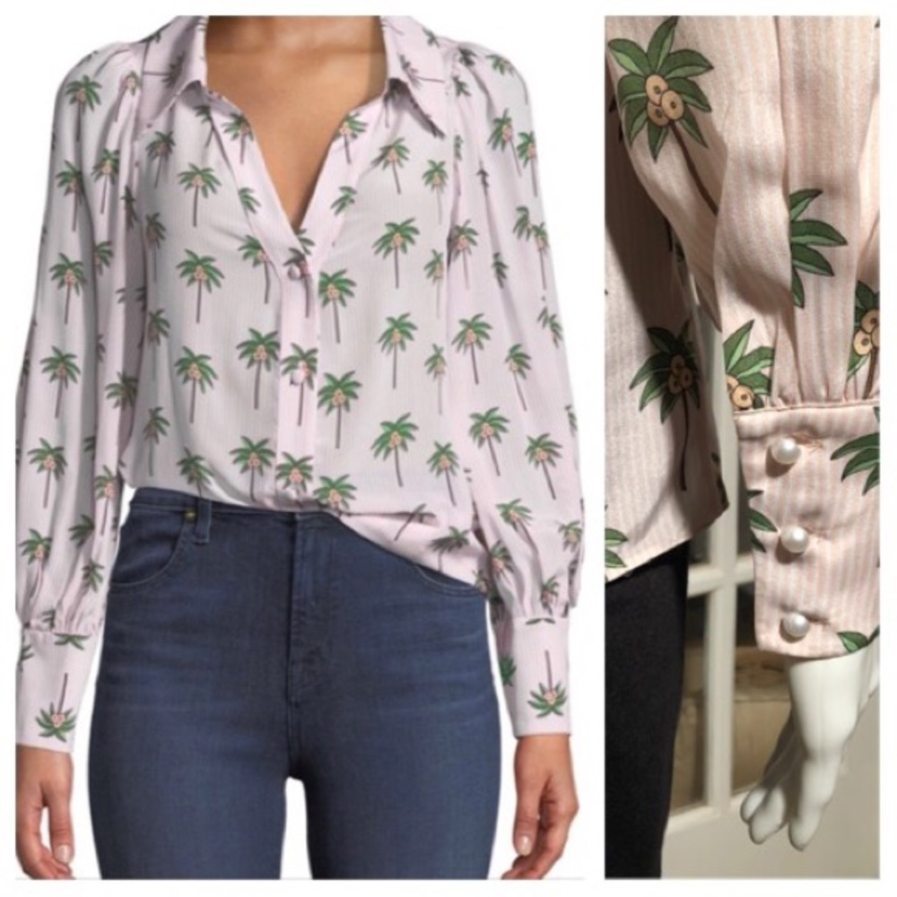 Women’s Palm-Print Button Front Blouse - Pink